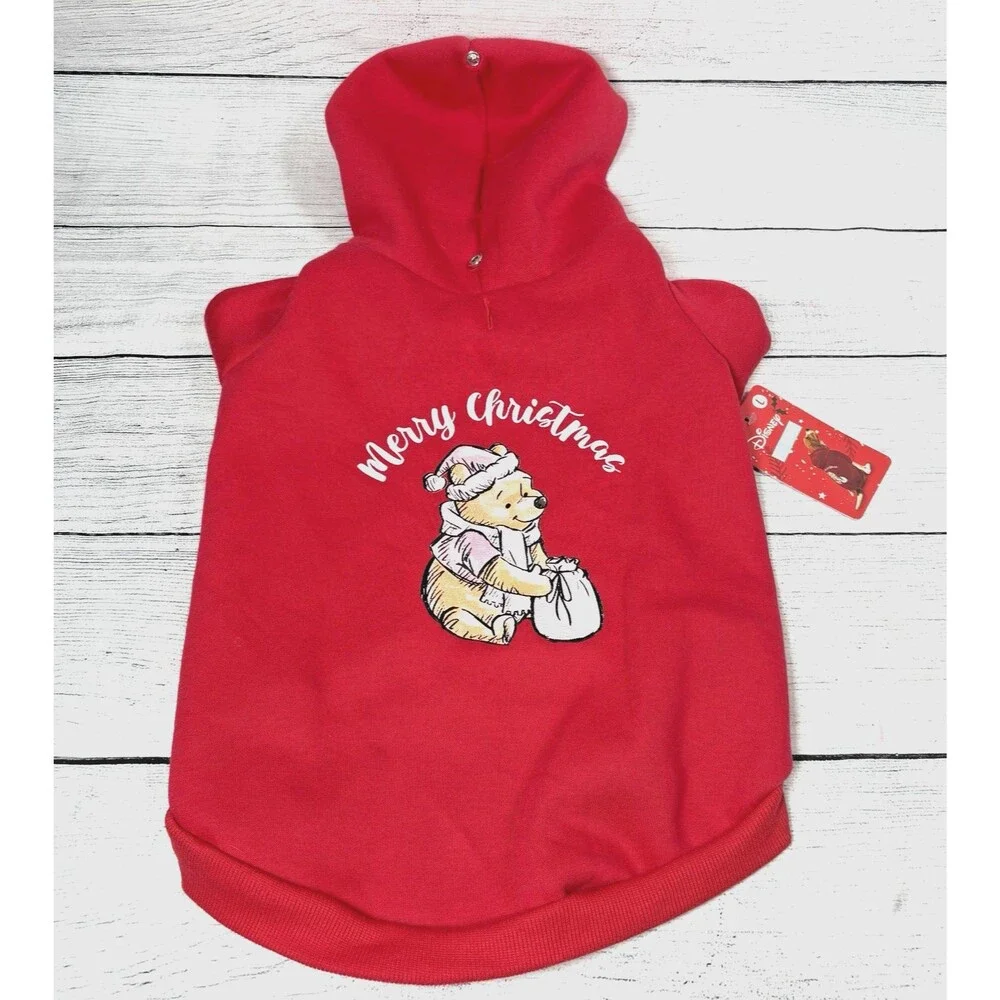 Disney Dog Sweater Sz L Winnie The Pooh Merry Christmas Red Pet Hoodie Holiday